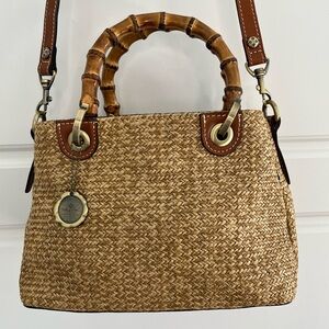 Patricia Nash Empoli Woven Satchel Bamboo Handles Detachable Leather Crossbody